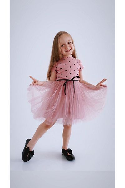 Şirin Şeyler Butiği Rochie de prințesă pentru fete Linda - tutu roșu, trandafir praf, mânecă scurtă, buline și elastic