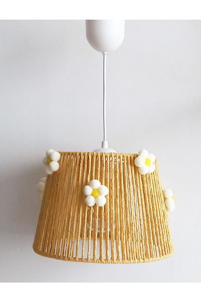 C&A&B KUZEY AVİZE Yellow Macrame Rope Wrap Daisy Flower Pompom Baby Girl and Children's Room Design Pendant Lamp Chandelier