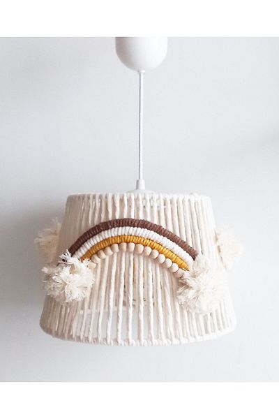 C&A&B KUZEY AVİZE Ecru Macrame String Wrap Wooden Bead Appliqued Baby and Kids Room Design Pendant Lamp Chandelier