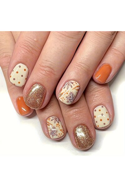 Rediquis 24 Adet Simli ve Turuncu Yaprak Tasarımlı Kare Takma Tırnaklar