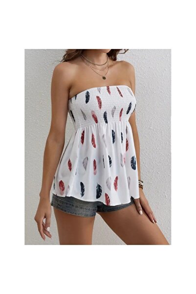 MODA Women's Leaf Patterned Chest Gimped Moscope Strapless Blouse