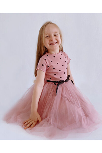 Şirin Şeyler Butiği Linda Kısa Kol Kız Çocuk Prenses Kabarık Tütü Gül Kurusu Puantiyeli Esnek Likralı Tütülü Elbise