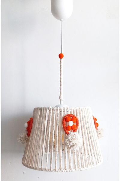 C&A&B KUZEY AVİZE Ecru Macrame Rope Wrap Orange Balloon and Pompom Design Pendant Lamp Chandelier for Girl-Boy Baby and Children's Room