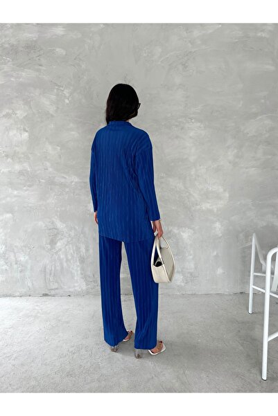 sportiness ПЛІСИРОВАНА ТКАНИНА ЕЛАСТИЧНИЙ ПОЯС ЗРУЧНИЙ КРІЙ ШИРОКІ ШТАНИ СОРОЧКА КОСТЮМ