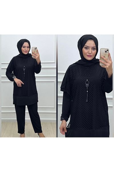 Elele Crystal Fabric Mesh Pants Suit
