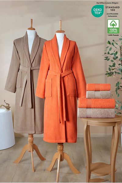 Ellaline 6 Piece Striped Bathrobe Set 100% Cotton Certified, Şalyaka Family Dowry Bathrobe Set Brown Orange