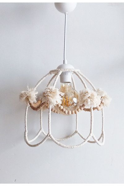 C&A&B KUZEY AVİZE Ecru Macrame String Wrap Daisy Wooden Bead Handmade Pompom Baby Girl and Child's Room Pendant Lamp Chandelier