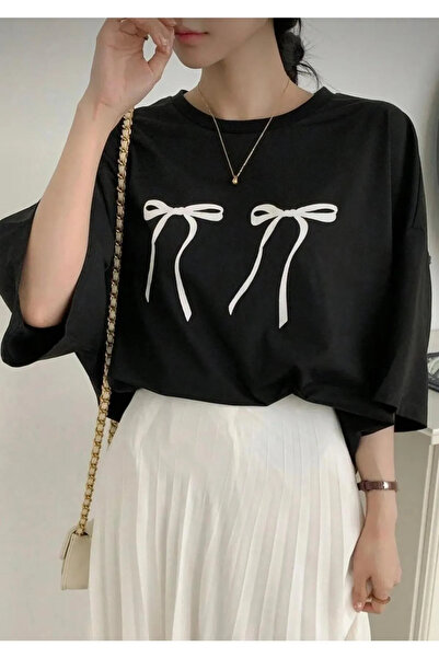 donamod تي شيرت Harajuku Bow Bow Detail للجنسين مقاس كبير من القطن الناعم