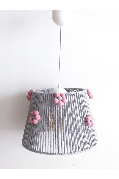C&A&B KUZEY AVİZE Gray Macrame Rope Wrap Gray Pink Flower Pompom Baby Girl and Children's Room Chandelier