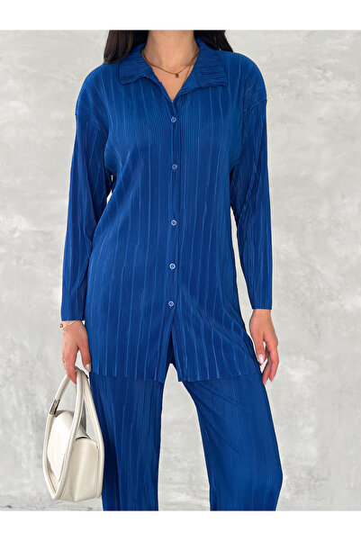 sportiness ПЛІСИРОВАНА ТКАНИНА ЕЛАСТИЧНИЙ ПОЯС ЗРУЧНИЙ КРІЙ ШИРОКІ ШТАНИ СОРОЧКА КОСТЮМ