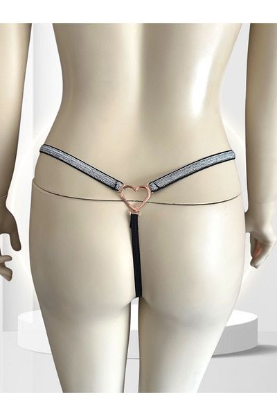 İntive Lingerie Passione Shiny Stripe Detailed Pink/Black Flexible Back Heart Accessory Detailed String