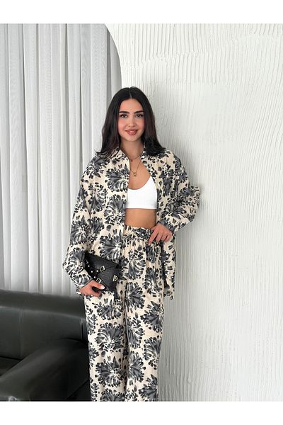 sportiness Elastic Waist Patterned Modal Fabric Wide Leg Shirt Suit