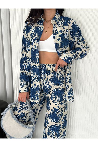 sportiness Elastic Waist Patterned Modal Fabric Wide Leg Shirt Suit