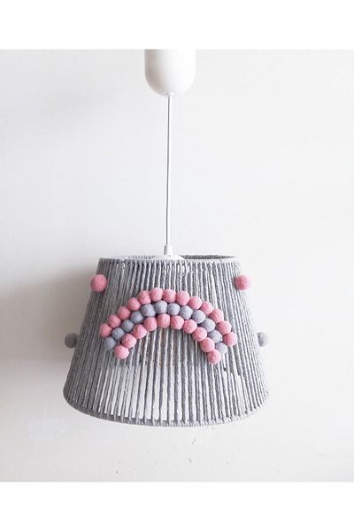C&A&B KUZEY AVİZE Gray Macrame Rope Wrap Pompom Rainbow Applique Baby Girl and Children's Room Design Pendant Lamp Chandelier
