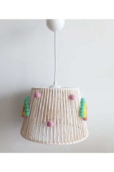 C&A&B KUZEY AVİZE Ecru Macrame Rope Wrap Mint-Yellow-Pink Pompom Rainbow Applique Baby Girl and Children's Room Chandelier