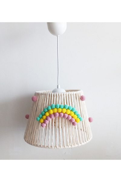 C&A&B KUZEY AVİZE Ecru Macrame Rope Wrap Mint-Yellow-Pink Pompom Rainbow Applique Baby Girl and Children's Room Chandelier