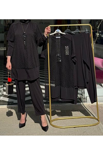 Elele Crystal Fabric Mesh Pants Suit