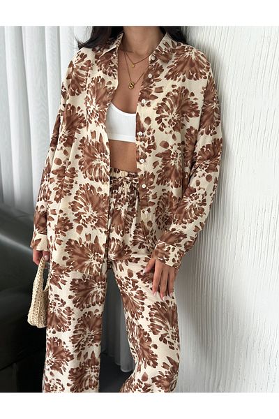 sportiness Elastic Waist Patterned Modal Fabric Wide Leg Shirt Suit