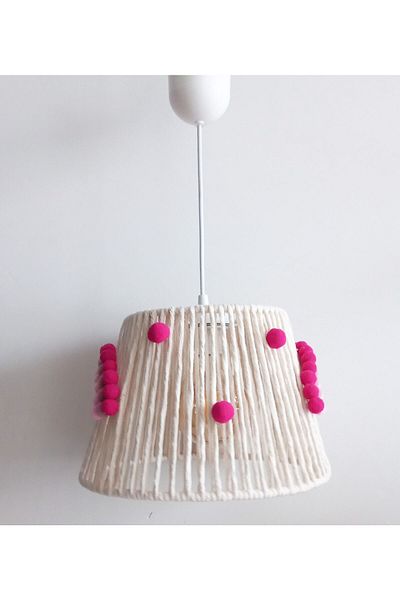 C&A&B KUZEY AVİZE Ecru Macrame String Wrap Fuchsia-pink Pompom Rainbow Applique Baby Girl and Children's Room Pendant Lamp Chandelier