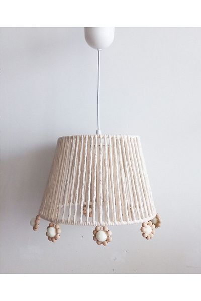 C&A&B KUZEY AVİZE Ecru Macrame Rope Wrap Flower Wooden Beaded Design Pendant Lamp Chandelier