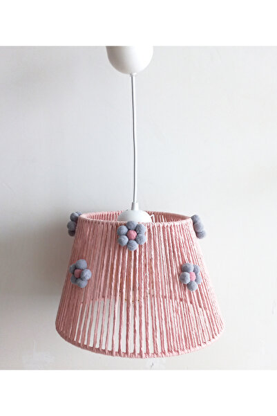 C&A&B KUZEY AVİZE Pembe Makrome Ip Sargı Gri Pembe Çiçek Ponponlu Kız Bebek Ve Çocuk Odası Avize