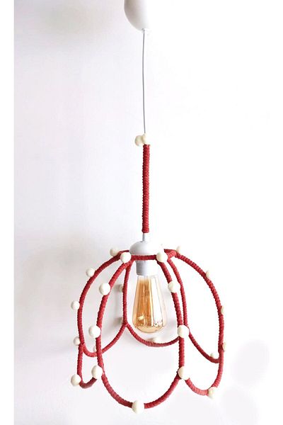 C&A&B KUZEY AVİZE Brick Color Macrame String Wrap Ecru Pompom Daisy Baby and Child Room Pendant Lamp Chandelier