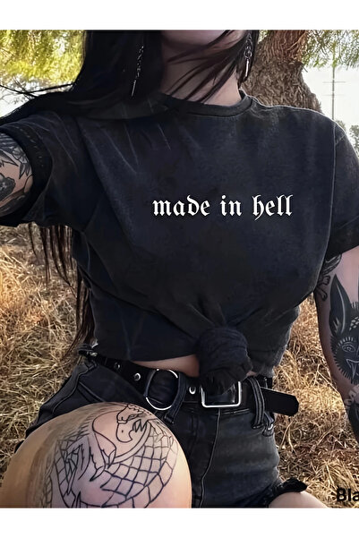 l'eivor Tricou negru din bumbac pentru femei cu imprimeu Made in Hell