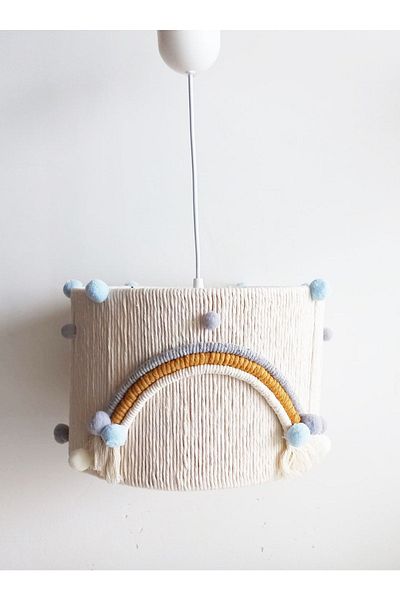 C&A&B KUZEY AVİZE Ecru Macrame Rope Wrapped Colorful Rainbow Gray-blue Pompom Baby Kids Room Pendant Lamp Chandelier (25)