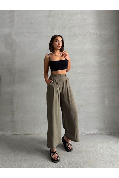 BEJNA Khakifarbene, modale Sommer-Palazzo-Hose für Damen
