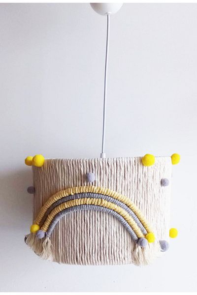 C&A&B KUZEY AVİZE Ecru Macrame Rope Wrapped Gray Yellow Pompom Baby Kids Room Chandelier (11)