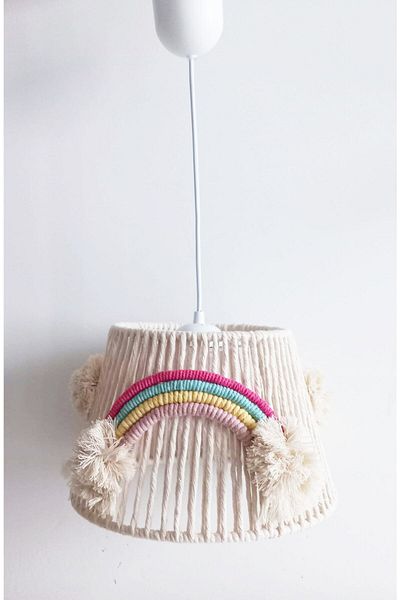 C&A&B KUZEY AVİZE Rainbow Patterned Macrame Rope Wrap - Pompom Baby and Children's Room Chandelier