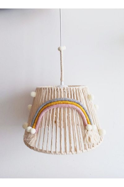 C&A&B KUZEY AVİZE Ecru Macrame Rope Wrapped Rainbow Applique Ecru Pompom Baby and Children's Room Chandelier 6