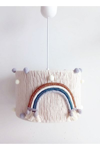 C&A&B KUZEY AVİZE Colorful Rainbow Ecru Macrame Baby Kids Room - Rope Wrapped, Pompom, Pendant Chandelier (24)