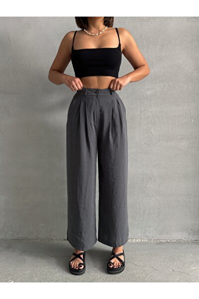 BEJNA Anthrazitfarbene, modale Sommer-Palazzo-Hose mit Falten für Damen