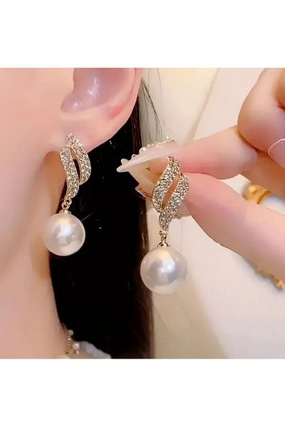 Aksesuar Pearl and Jewelled Gold Colored Leaf Stylish Engagement Henna Wedding Evening Dress Earrings