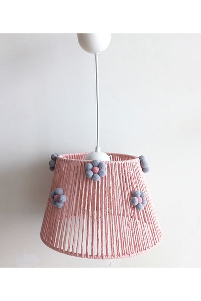 C&A&B KUZEY AVİZE Pink Macrame Rope Wrap Gray Pink Flower Pompom Baby Girl and Children's Room Chandelier
