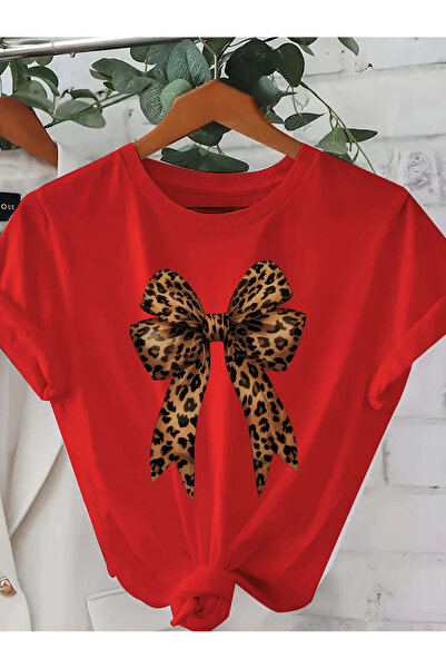 l'eivor Tricou de damă din bumbac cu imprimeu cu panglică cu model leopard