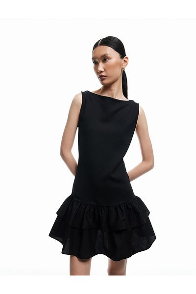 Koton Slim Fit Layered Ruffle Flounce Boat Neck Αμάνικο Μίνι Φόρεμα