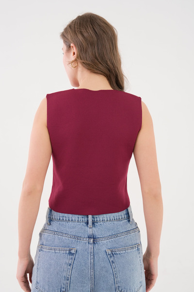 WOMAN VISION Women's Burgundy Stretchy Knitwear Fabric Design Buttoned Burgundy Crop Vest 9902