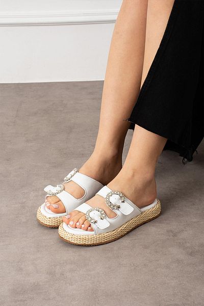 ShoeTek Γυναικείες παντόφλες SHOETE Spac με διπλό λουράκι από γνήσιο δέρμα λευκό