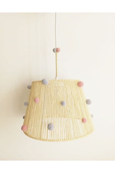C&A&B KUZEY AVİZE Ecru Rope Wrapped Pink and Gray Pompom Baby and Children's Room Pendant Lamp Chandelier