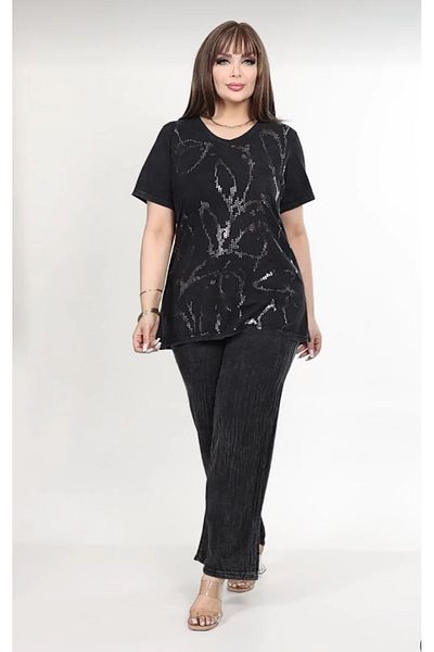 vividbutik Plus Size Cotton Washed 2-Piece Blouse Pants Set