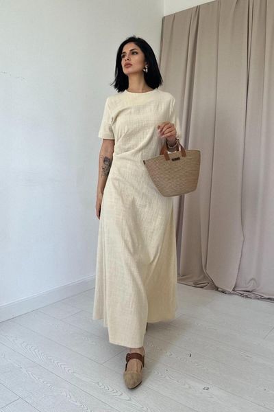 modamuvo Cream Pleated Crew Neck Dress