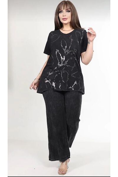 vividbutik Plus Size Cotton Washed 2-Piece Blouse Pants Set