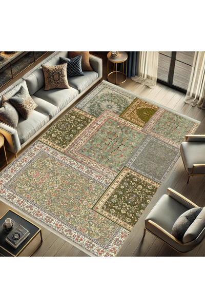 Rugs Modern Halı Kuvars Koleksiyonu Yeşil Temalı Etnik Vintage Desenli Dokuma...