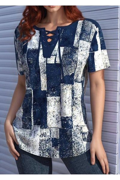 MODAVERA Women's Short Sleeve Lace-Up Collar Bird Eye Detail Single Jersey Blouse