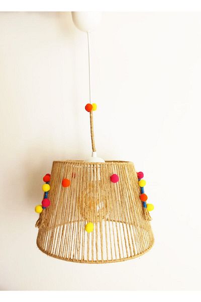 C&A&B KUZEY AVİZE Wicker Rope Wrapped Rainbow Detailed Pompom Design Baby and Children's Room Pendant Lamp Chandelier