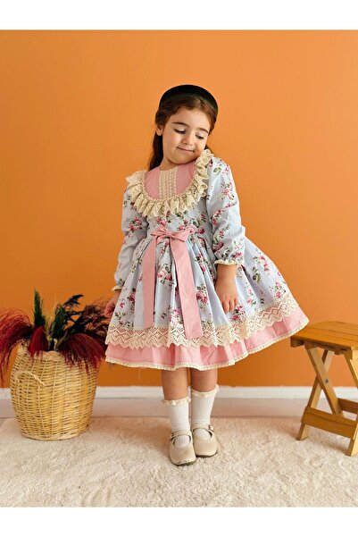 Linarookids Mavi Çiçekli Vintage Kız Bebek Elbisesi,Doğum günü,fotoğraf çekim elbise,0-13 Yaş Uygun