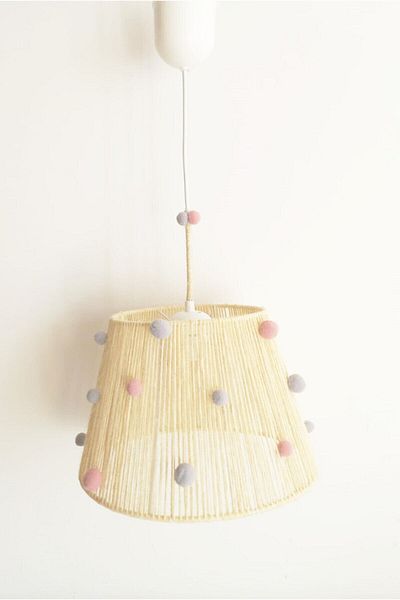 C&A&B KUZEY AVİZE Ecru Rope Wrapped Pink and Gray Pompom Baby and Children's Room Pendant Lamp Chandelier
