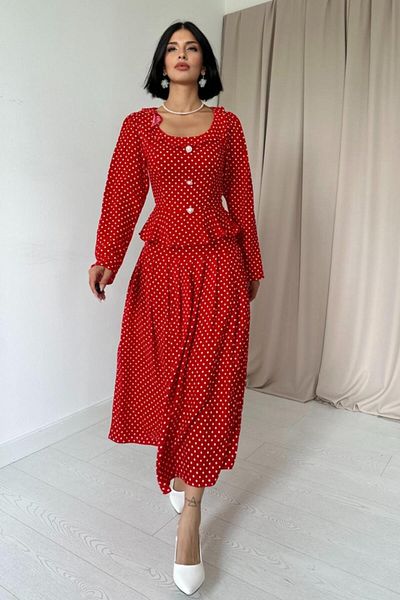 MODAVERA Red Polka Dot Print Flounce Dress